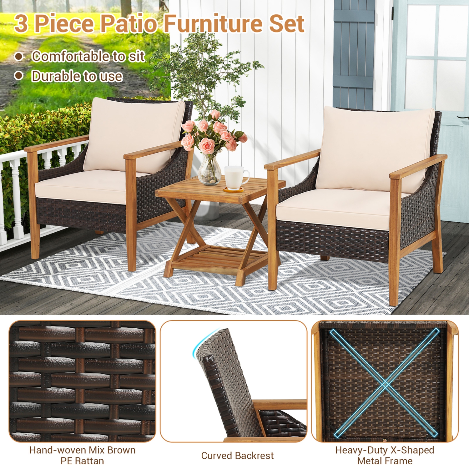 Costway 3PCS Patio Wicker Furniture Set Cushioned Armchairs with 2-Tier Side Table Balcony