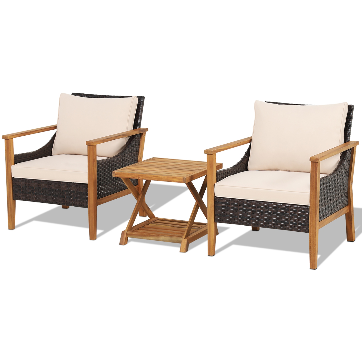 Costway 3PCS Patio Wicker Furniture Set Cushioned Armchairs with 2-Tier Side Table Balcony