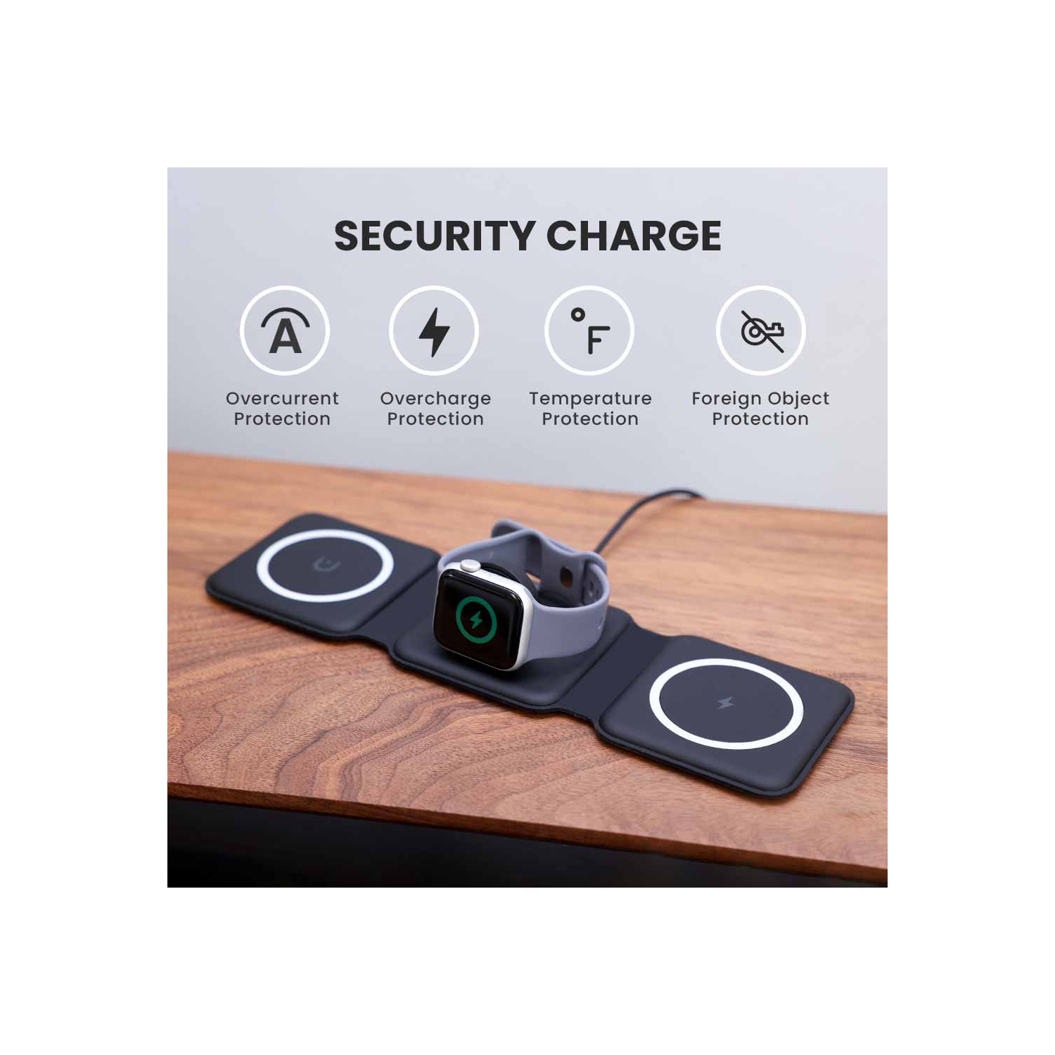 Tapis de chargement magnétique sans fil MotionGrey - Noir, chargeur pliable sans fil 3-en-1 pour iPhone, AirPods, Apple Watch, téléphone