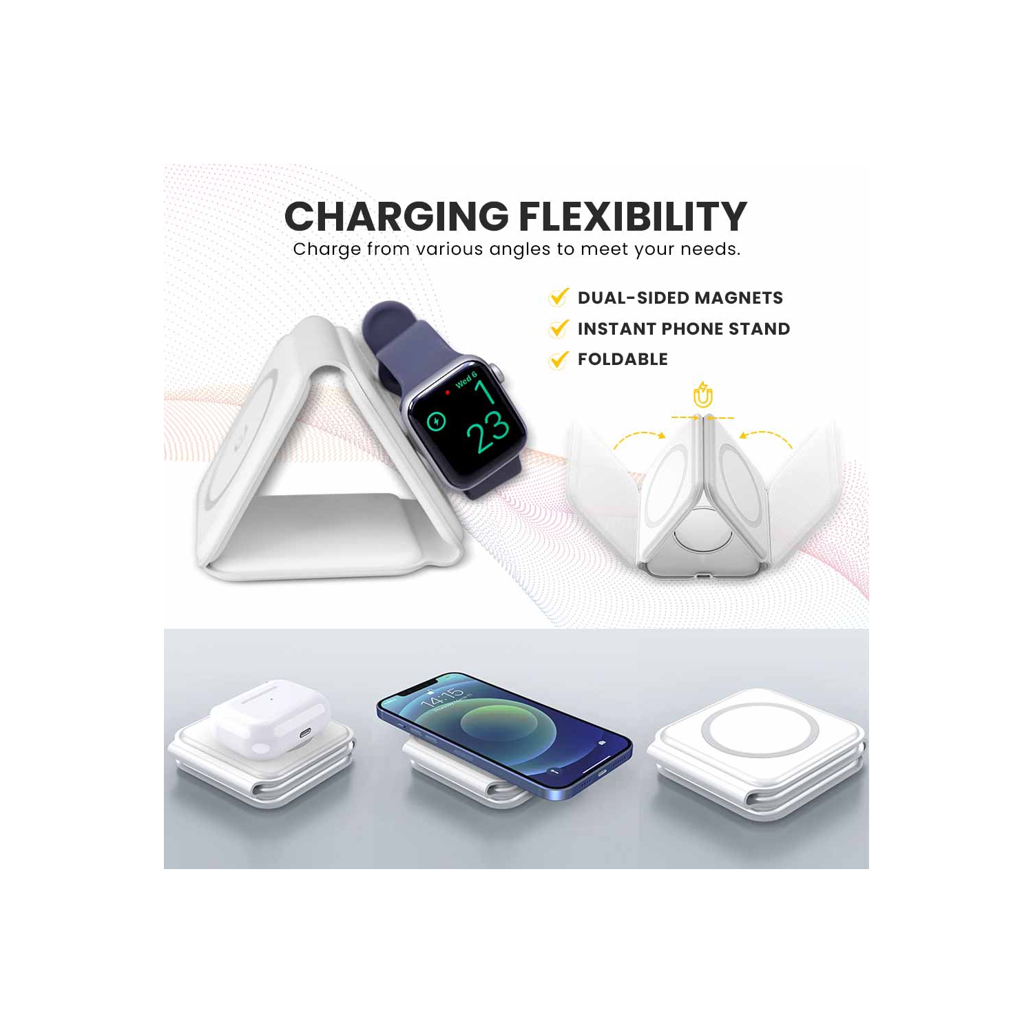 Tapis de chargement magnétique sans fil MotionGrey - Noir, chargeur pliable sans fil 3-en-1 pour iPhone, AirPods, Apple Watch, téléphone