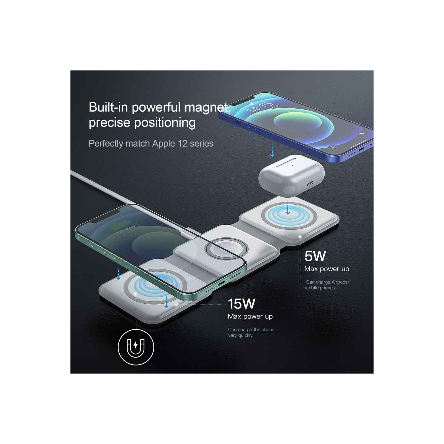 Tapis de chargement magnétique sans fil MotionGrey - Noir, chargeur pliable sans fil 3-en-1 pour iPhone, AirPods, Apple Watch, téléphone