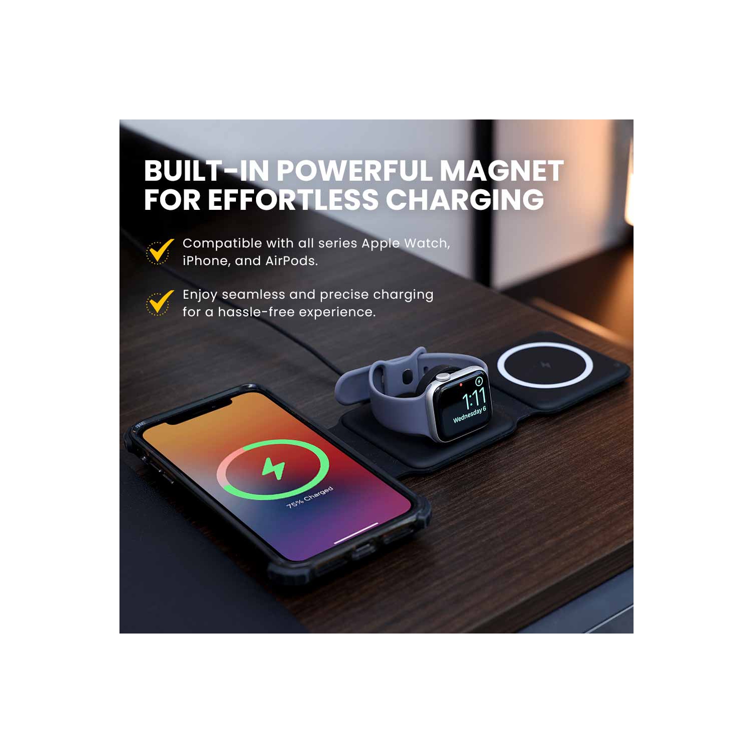 Station de chargement magnétique sans fil MotionGrey - Blanc, chargeur pliable sans fil 3-en-1 pour iPhone, AirPods, Apple Watch, téléphone