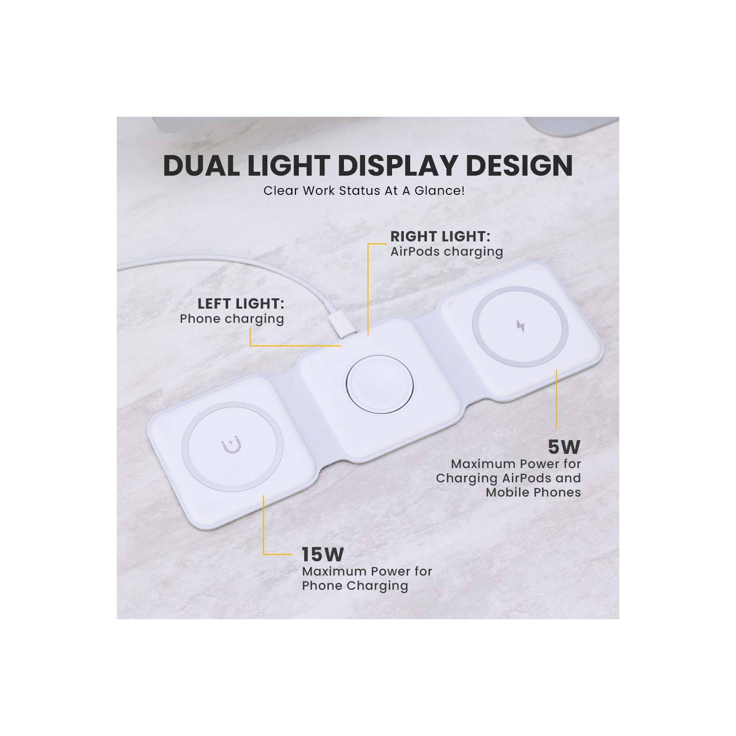 Station de chargement magnétique sans fil MotionGrey - Blanc, chargeur pliable sans fil 3-en-1 pour iPhone, AirPods, Apple Watch, téléphone