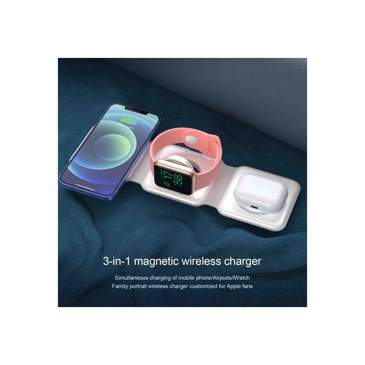 Station de chargement magnétique sans fil MotionGrey - Blanc, chargeur pliable sans fil 3-en-1 pour iPhone, AirPods, Apple Watch, téléphone