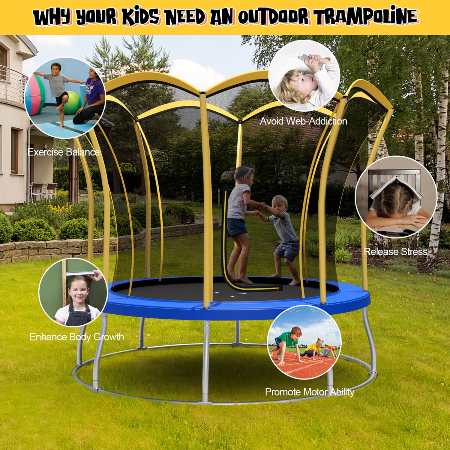 Gymax 10FT Recreation Trampoline w/ Exclusive Flower Shape Enclosure Net
