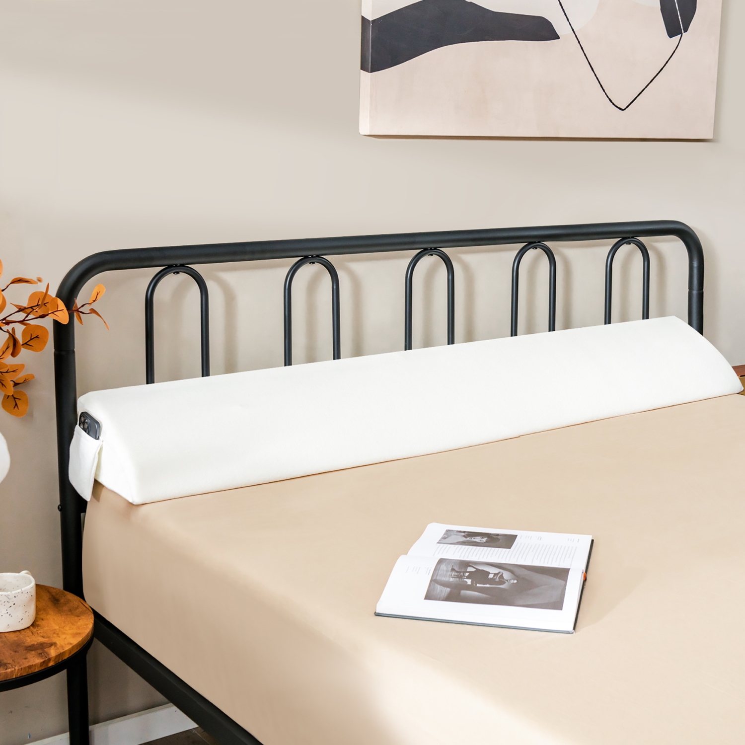 Gymax Queen Size Bed Wedge Pillow with Side Pocket Bed Gap Filler 60'' x 10'' x 6'' White