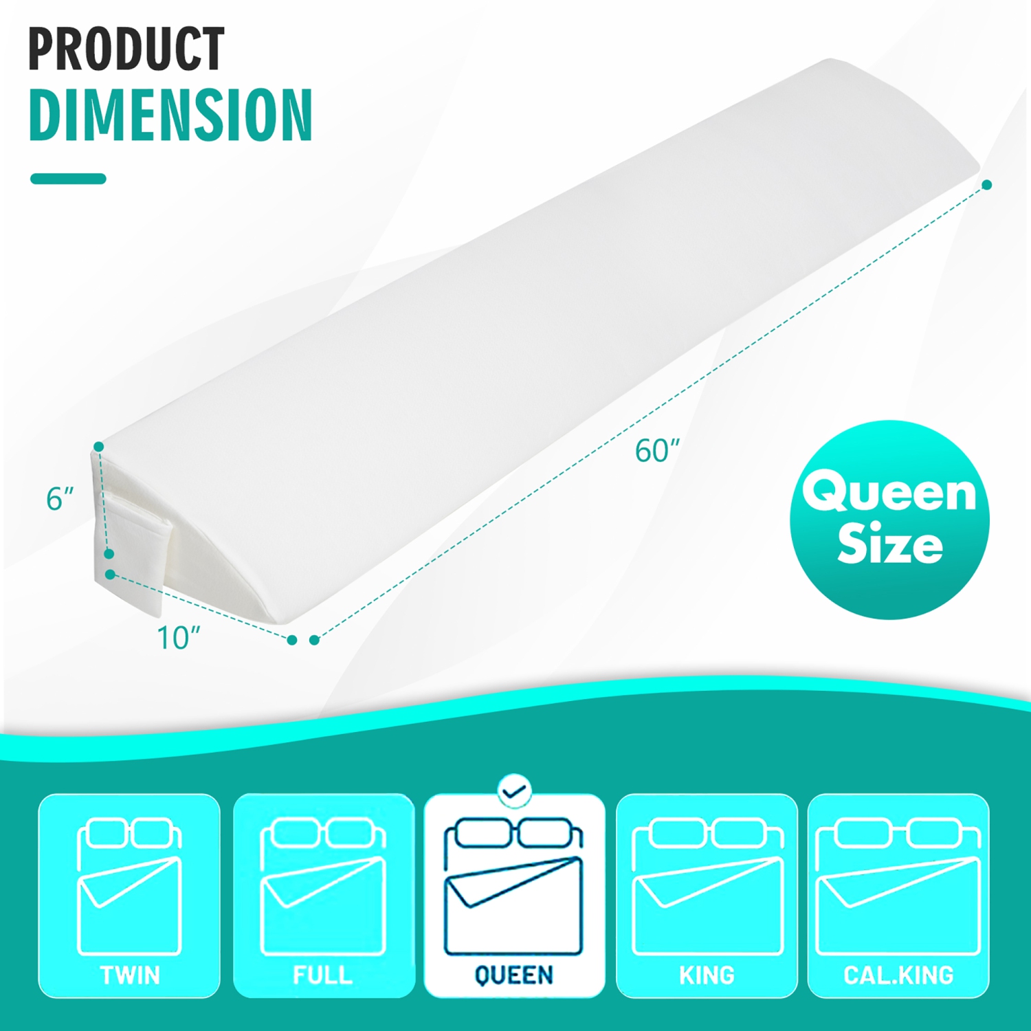 Gymax Queen Size Bed Wedge Pillow with Side Pocket Bed Gap Filler 60'' x 10'' x 6'' White