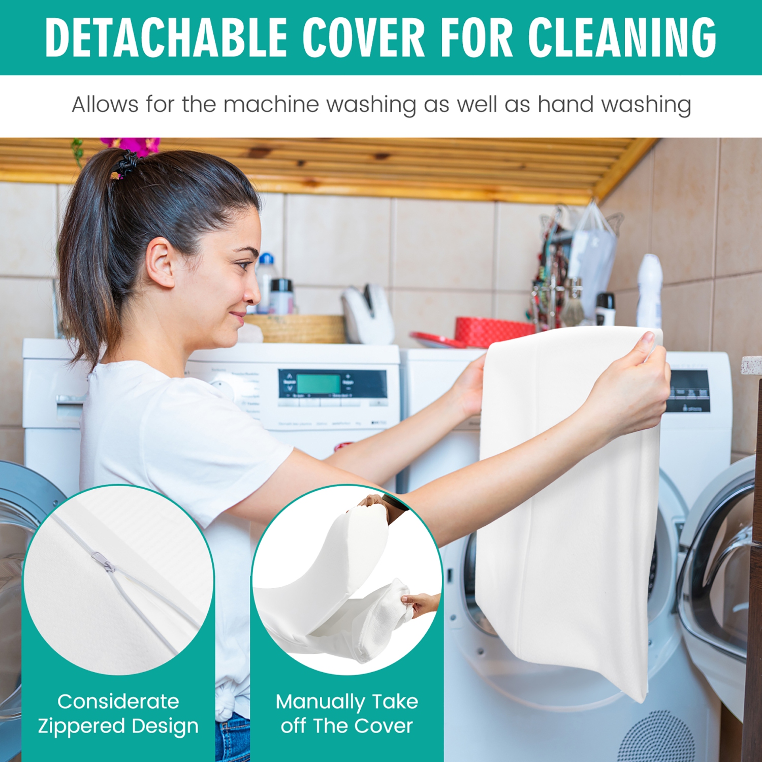 Gymax Queen Size Bed Wedge Pillow with Side Pocket Bed Gap Filler 60'' x 10'' x 6'' White