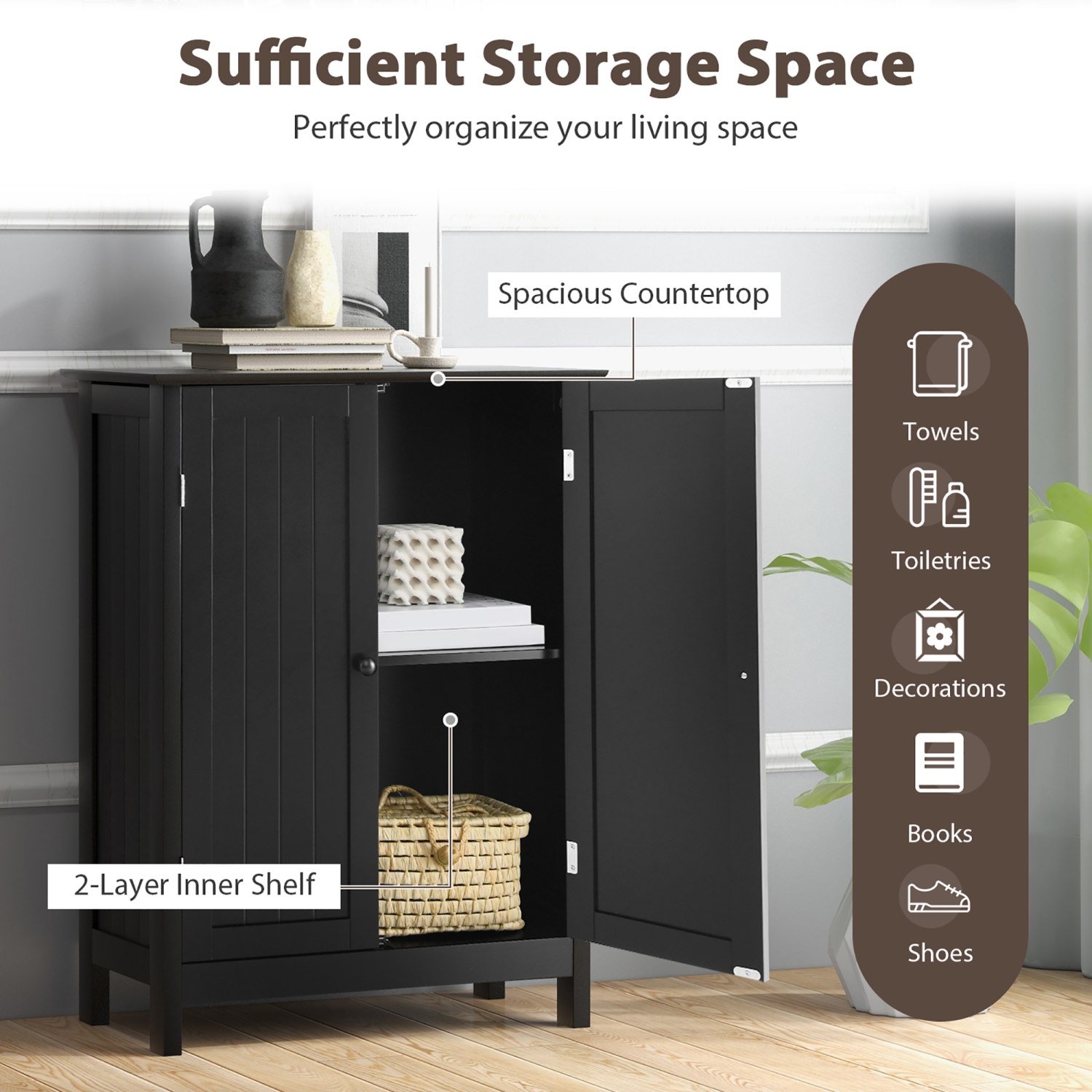 Gymax Bathroom Floor Storage Cabinet Double Door Kitchen Cupboard Shoe Cabinet Black