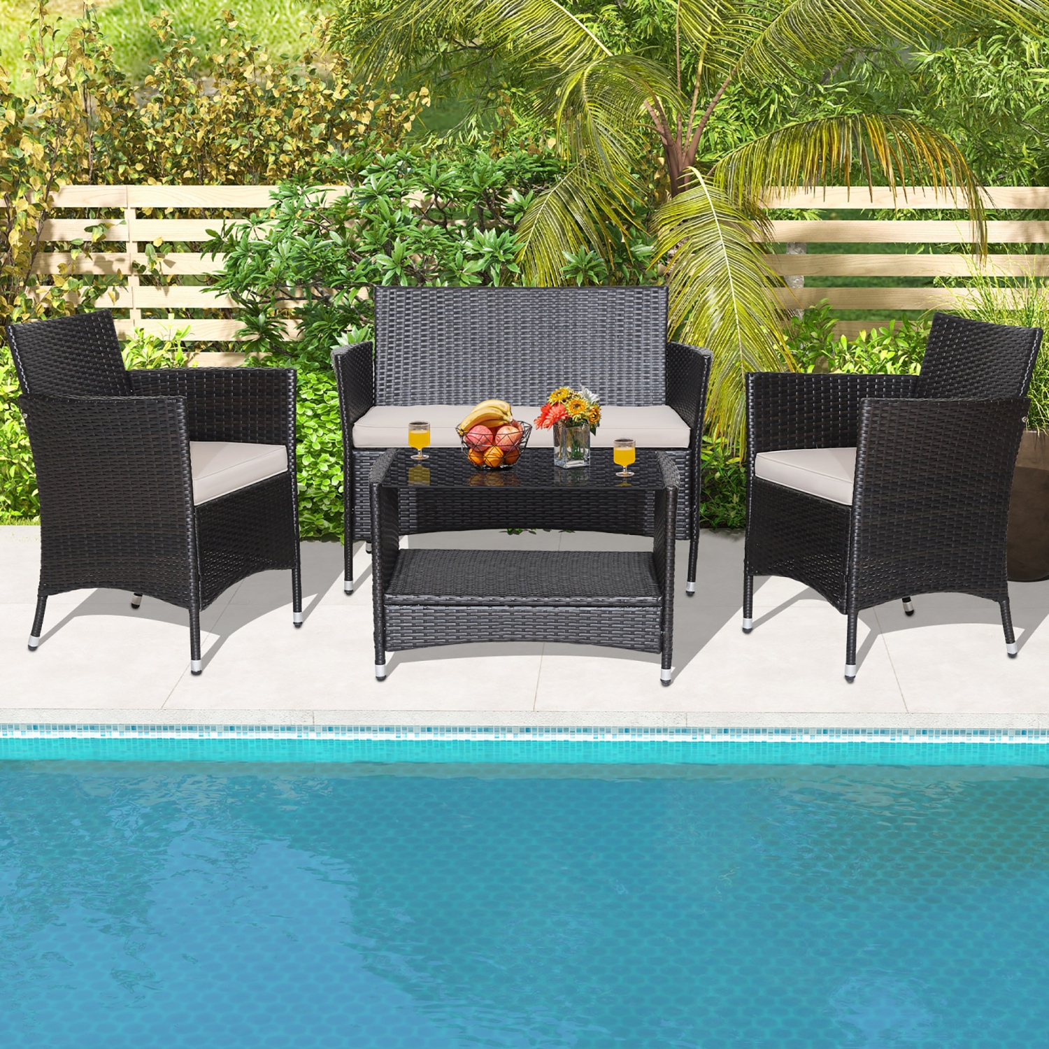 Gymax 4PCS Outdoor Sofa Set Patio Rattan Wicker Conversation Set w/ Coffee Table