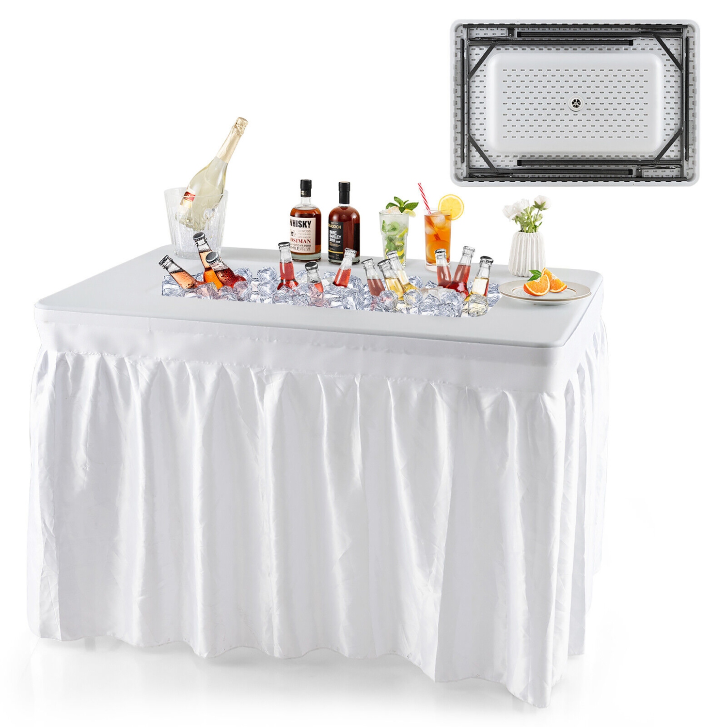 Gymax 4FT Folding Ice Bin Table Outdoor Ice Cooler Table w/ Matching Skirt Party BBQ