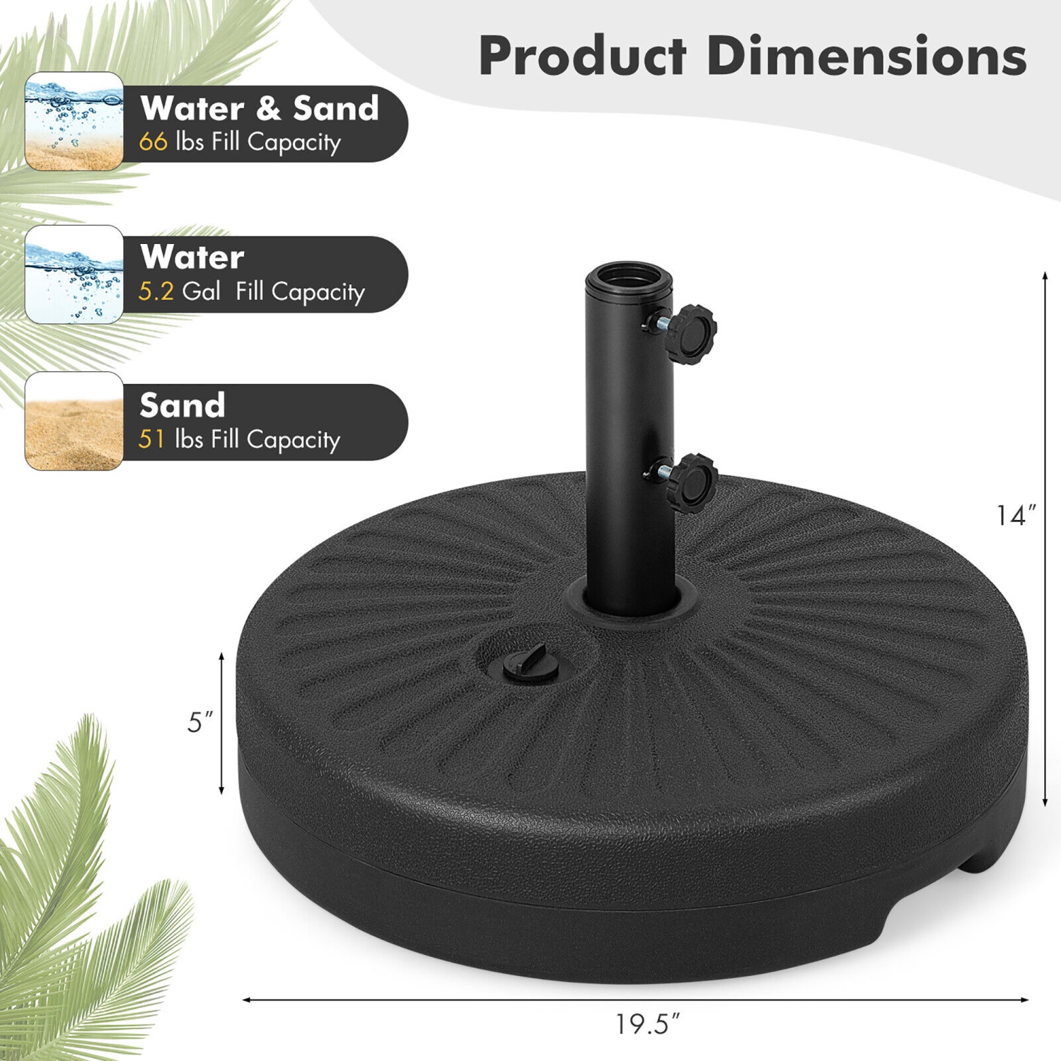 Gymax Patio 19.5'' Fillable Round Umbrella Base Stand Holder Heavy-Duty Pole 1.5''/1.9''
