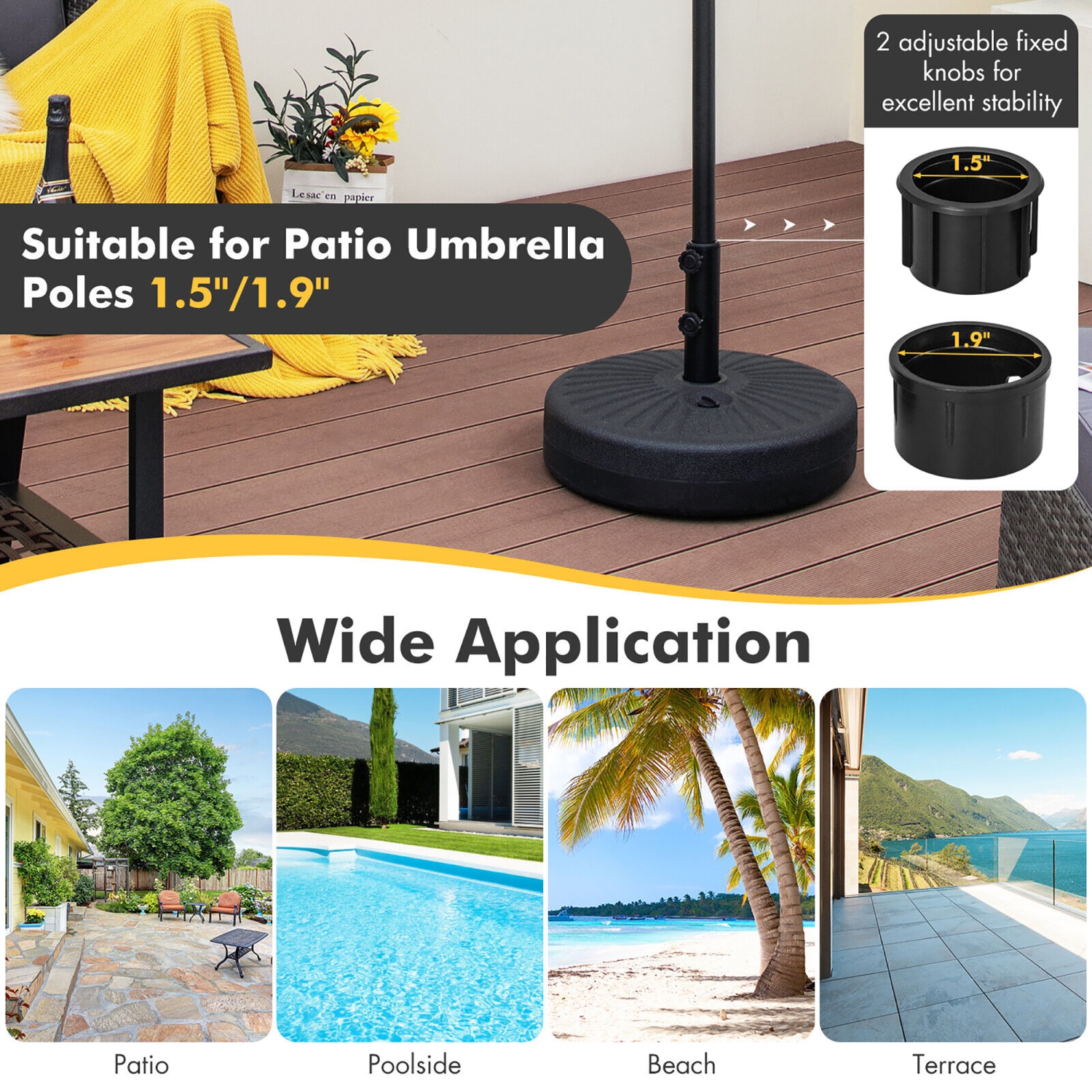 Gymax Patio 19.5'' Fillable Round Umbrella Base Stand Holder Heavy-Duty Pole 1.5''/1.9''