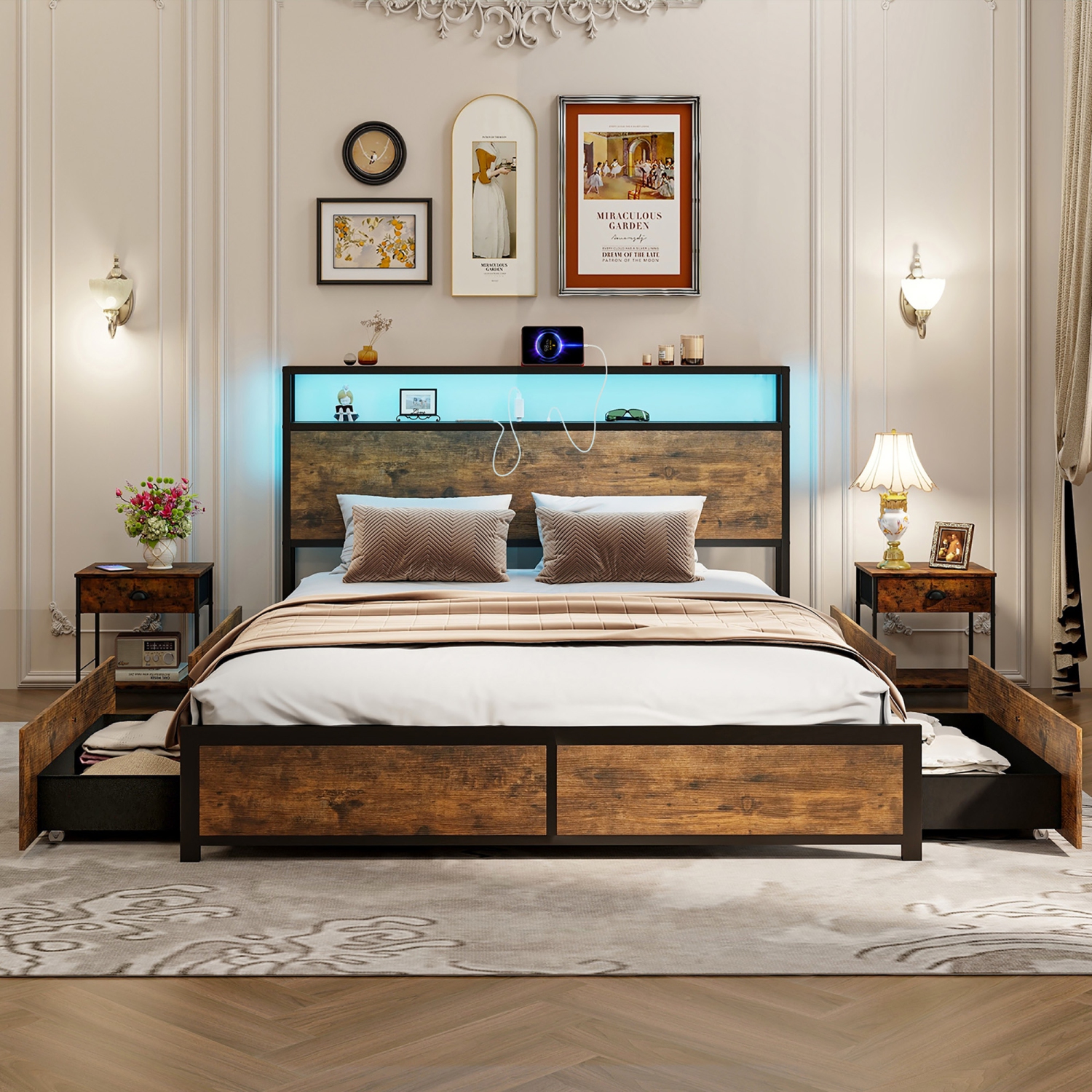Gymax Full/Queen Industrial Platform Bed Frame with Storage Drawers & LED Lights Headboard
