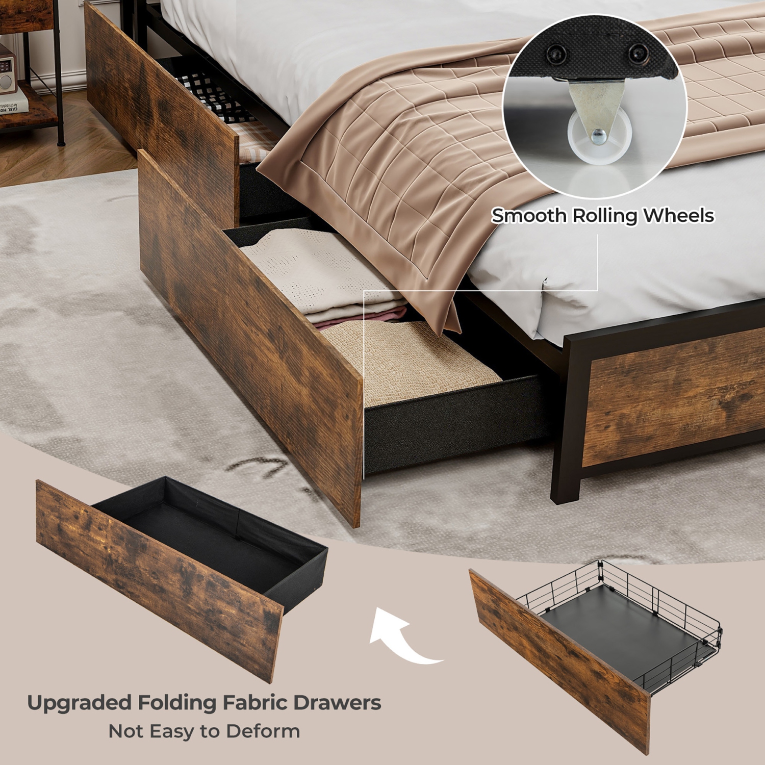 Gymax Full/Queen Industrial Platform Bed Frame with Storage Drawers & LED Lights Headboard