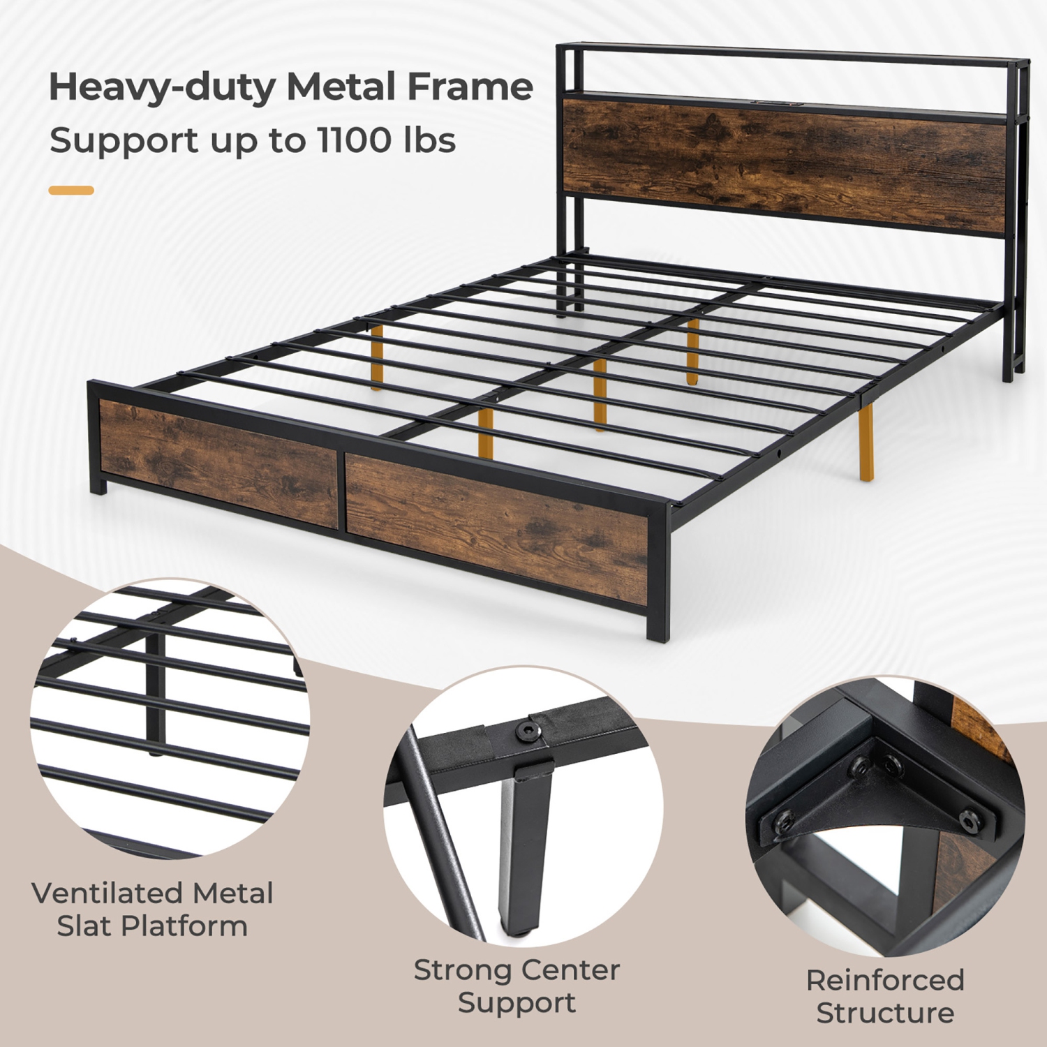 Gymax Full/Queen Industrial Platform Bed Frame with Storage Drawers & LED Lights Headboard