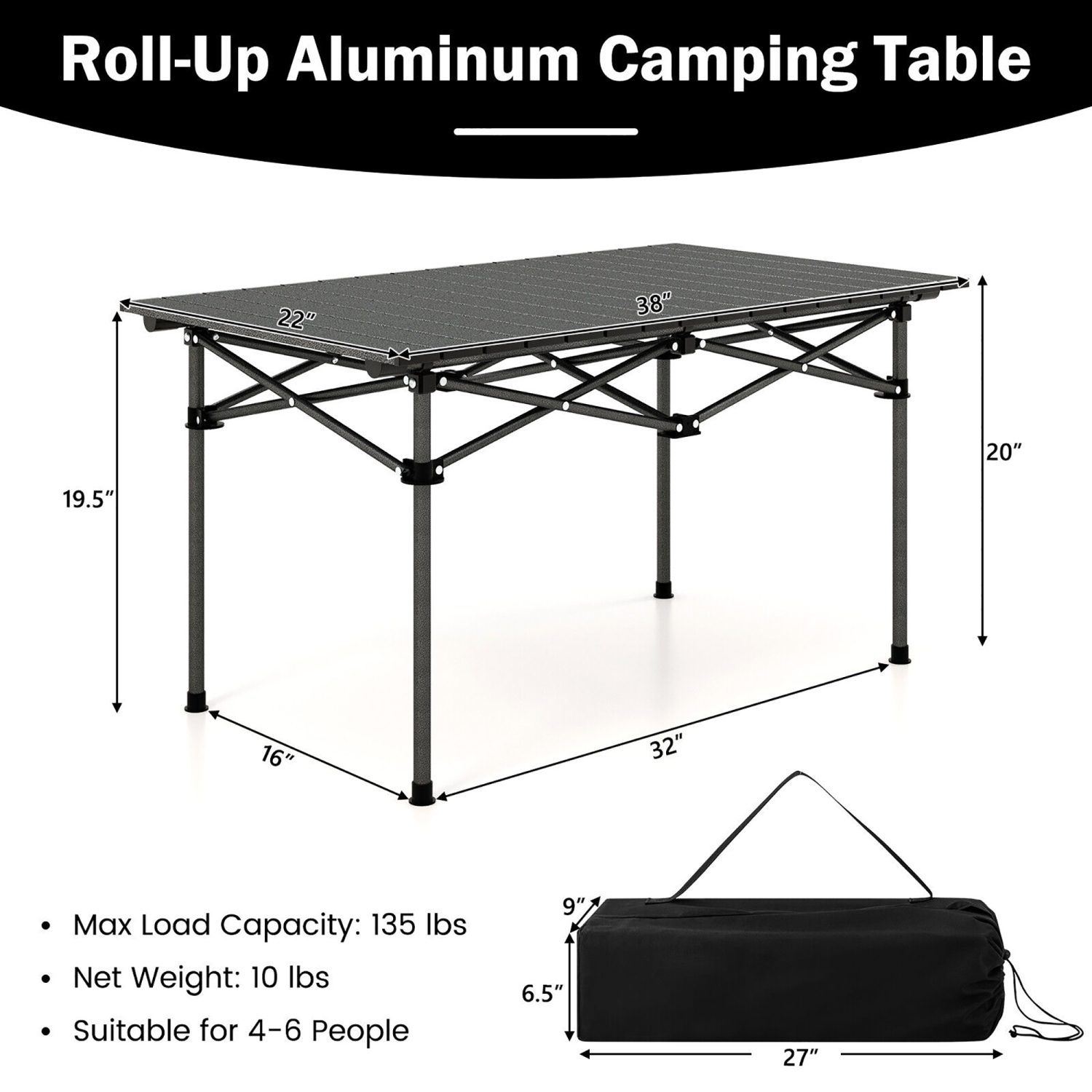 Gymax Aluminum Camping Table for 4-6 People Folding Picnic Table w/ Carry Bag