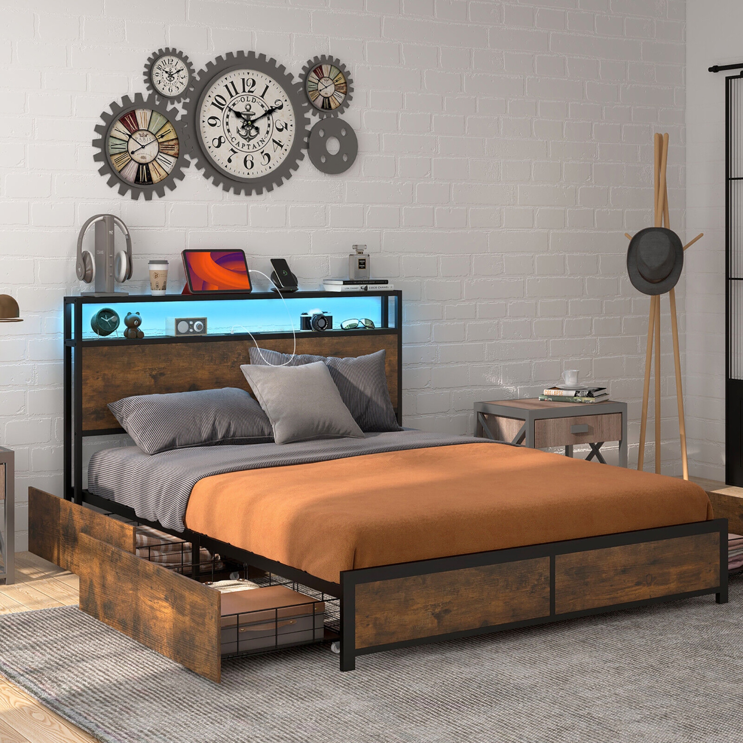 Gymax Full/Queen Industrial Platform Bed Frame with Storage Drawers & LED Lights Headboard