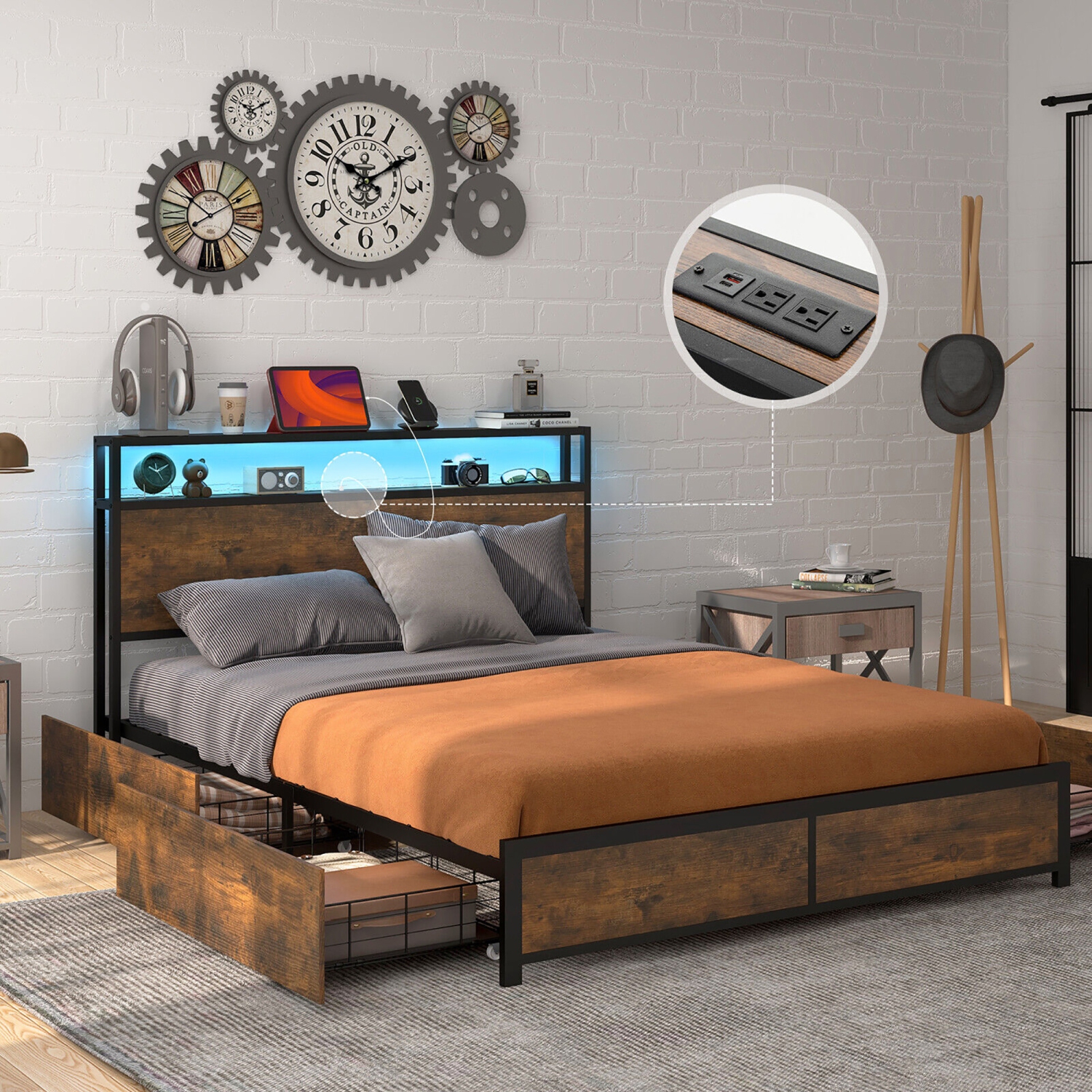 Gymax Full/Queen Industrial Platform Bed Frame with Storage Drawers & LED Lights Headboard