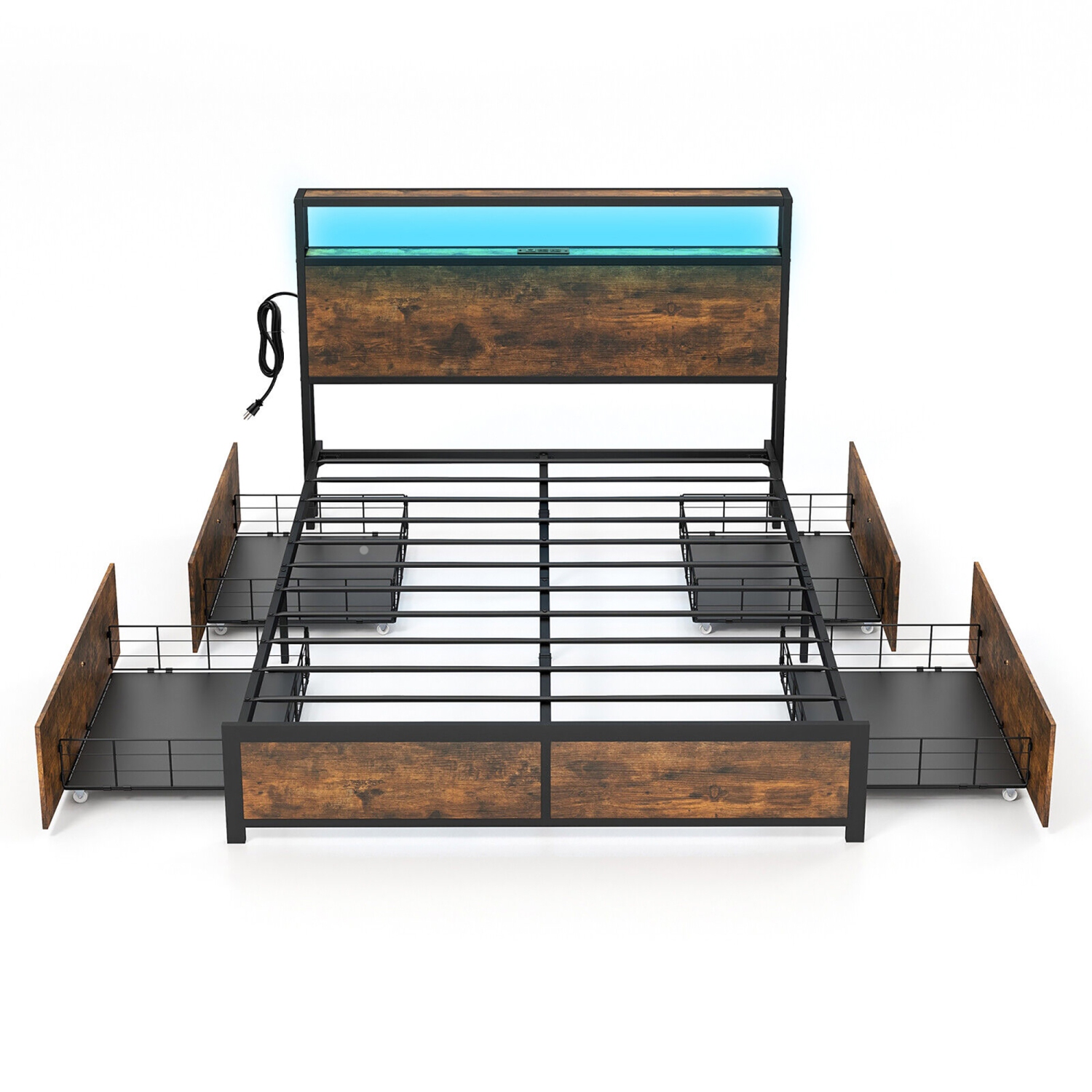 Gymax Full/Queen Industrial Platform Bed Frame with Storage Drawers & LED Lights Headboard