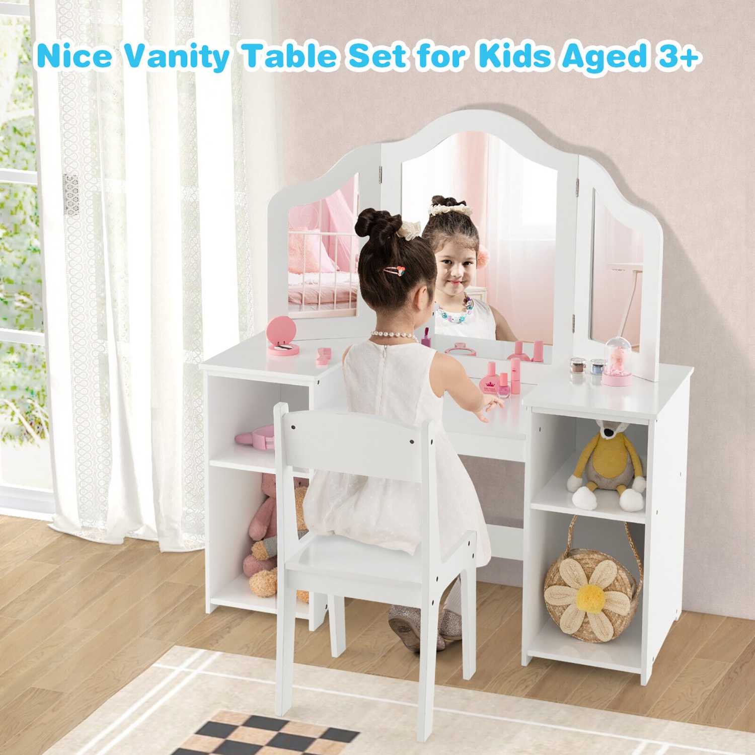 Gymax Kids Vanity 2 in 1 Princess Makeup Desk & Chair Set Safe Tri-fold Mirror
