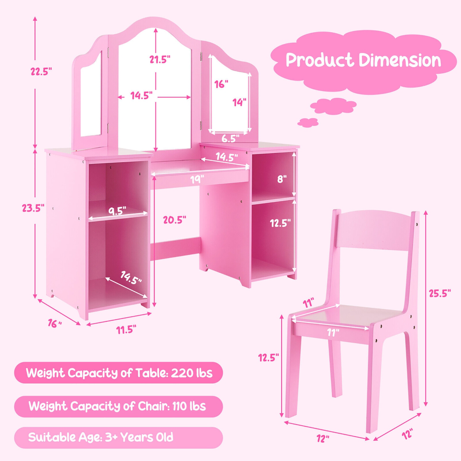 Gymax Kids Vanity 2 in 1 Princess Makeup Desk & Chair Set Safe Tri-fold Mirror
