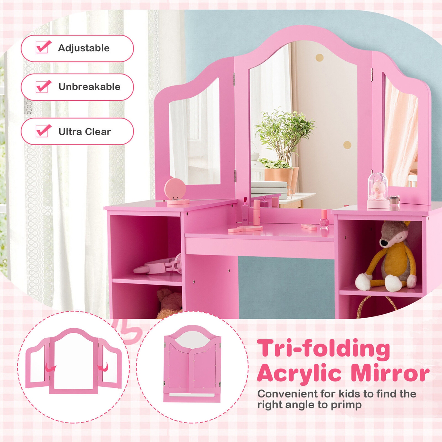 Gymax Kids Vanity 2 in 1 Princess Makeup Desk & Chair Set Safe Tri-fold Mirror
