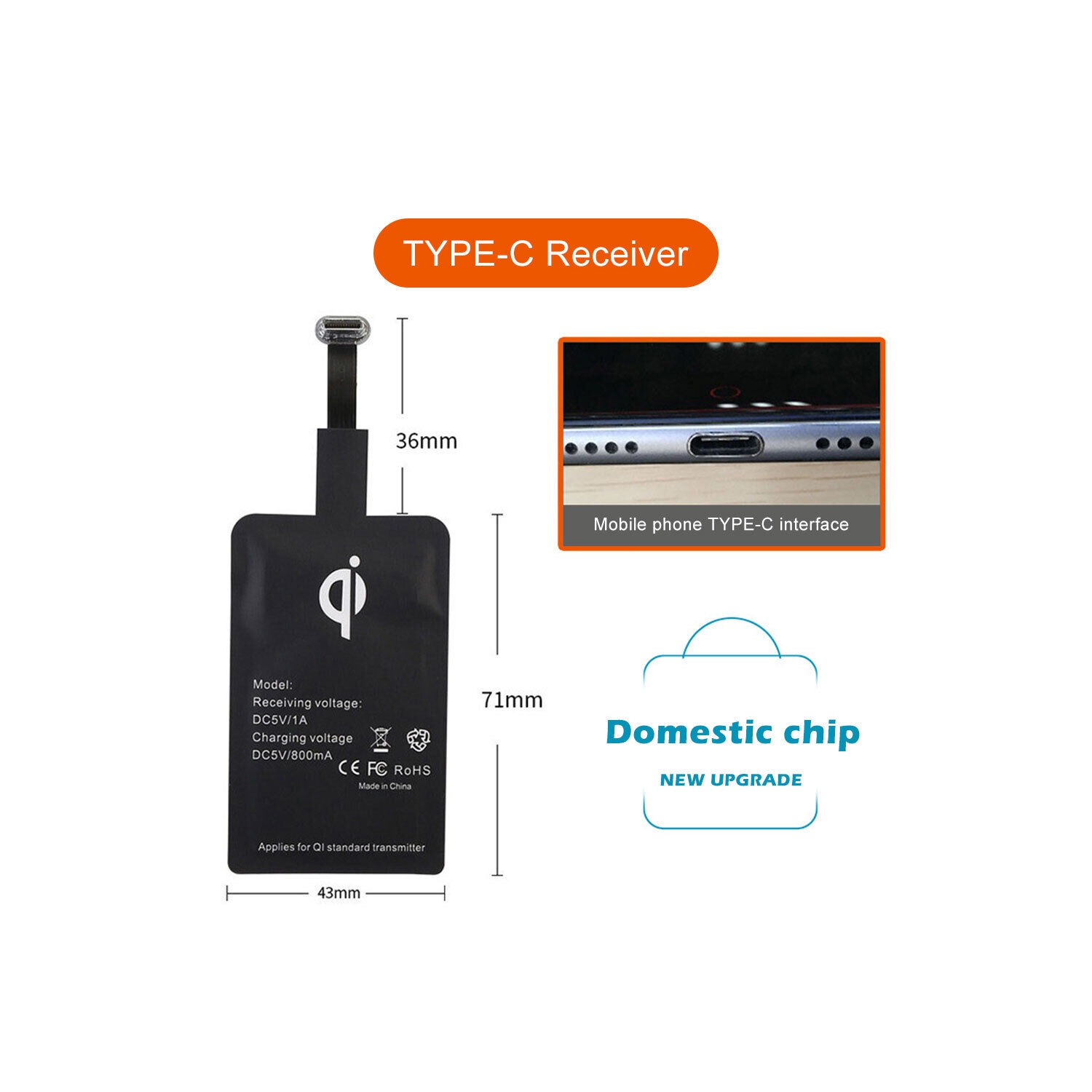 Récepteur de chargement sans fil Qi USB-C de type C pour téléphone Android USB 3,1