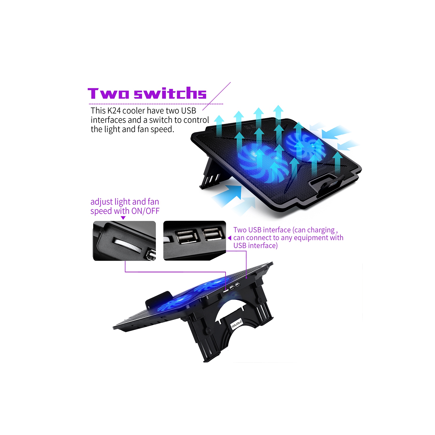 navor Laptop Cooling Pad with Quiet Fans for 10”-15.6” Laptop/Notebook, Cooling Mat Stable Stand, Adjustable Height, with USB Interface for Desk/Lap