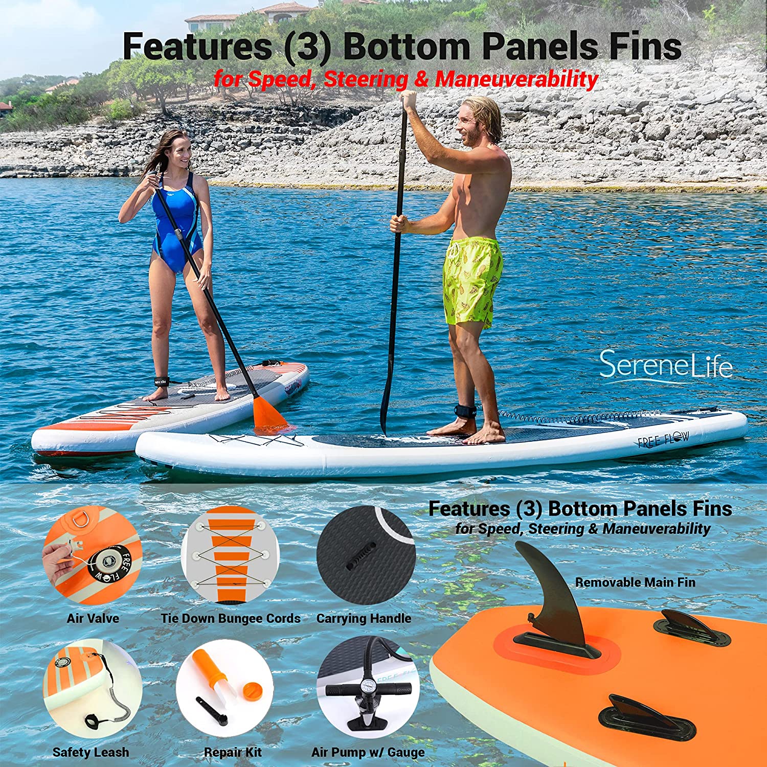 Serenelife 11 Foot Free Flow Inflatable Sup Stand Up Paddle Board Kit (2 Pack)