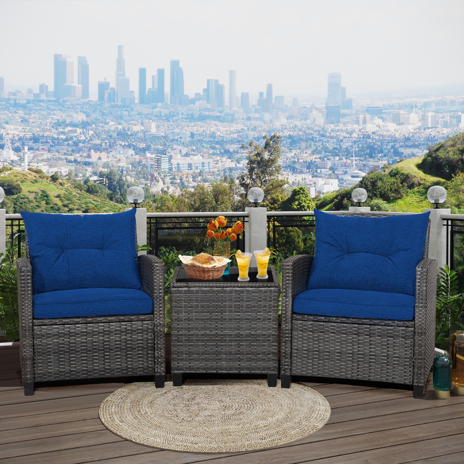 Gymax 3PCS Patio Rattan Sofa Set Outdoor Wicker Conversation Set Glass Tabletop w/ Navy Cushion