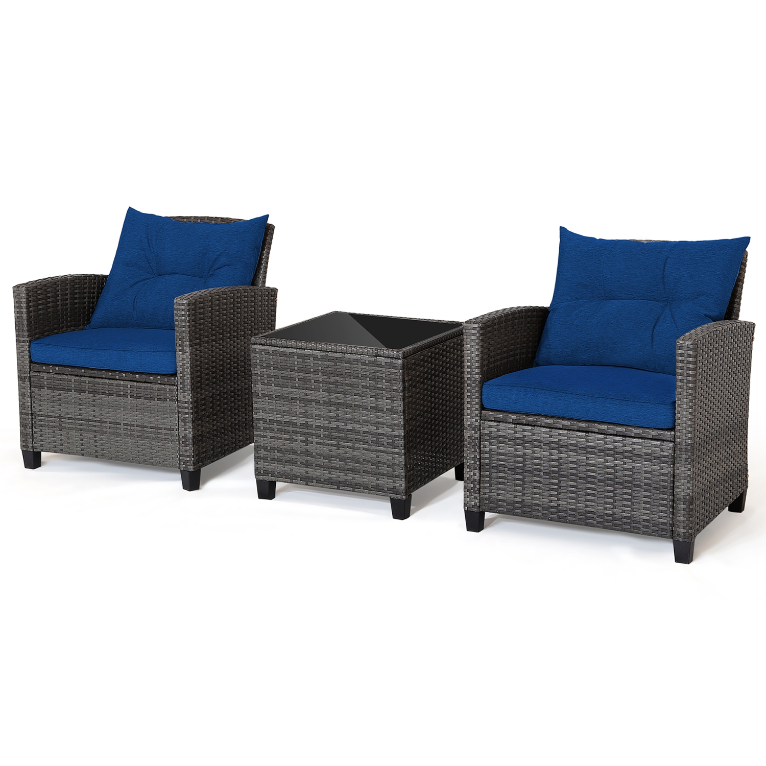 Gymax 3PCS Patio Rattan Sofa Set Outdoor Wicker Conversation Set Glass Tabletop w/ Navy Cushion