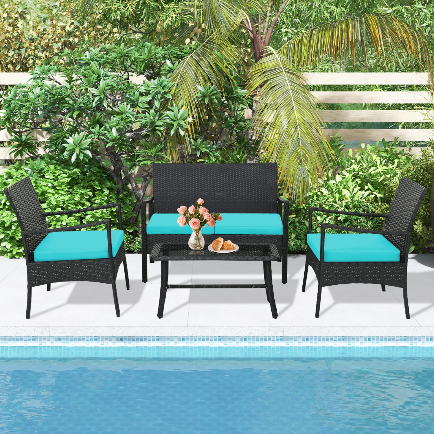 Gymax 4PCS Patio Rattan PE Wicker Furniture Conversation Set w/ Sofa Chair & Table