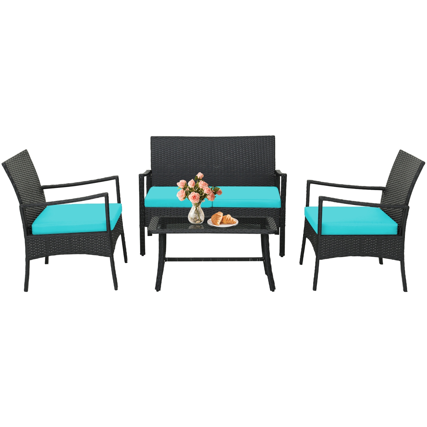 Gymax 4PCS Patio Rattan PE Wicker Furniture Conversation Set w/ Sofa Chair & Table