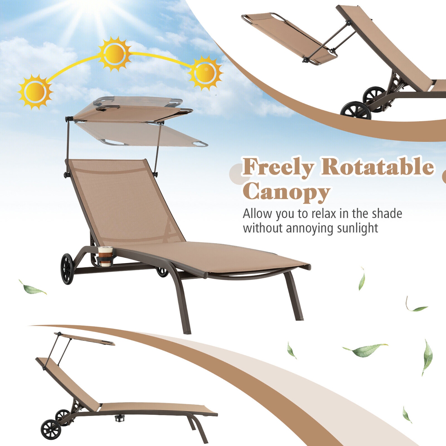 Gymax Patio Chaise Lounge Chair Heavy-Duty Lounger Canopy Cup holder Wheeled 6-Level