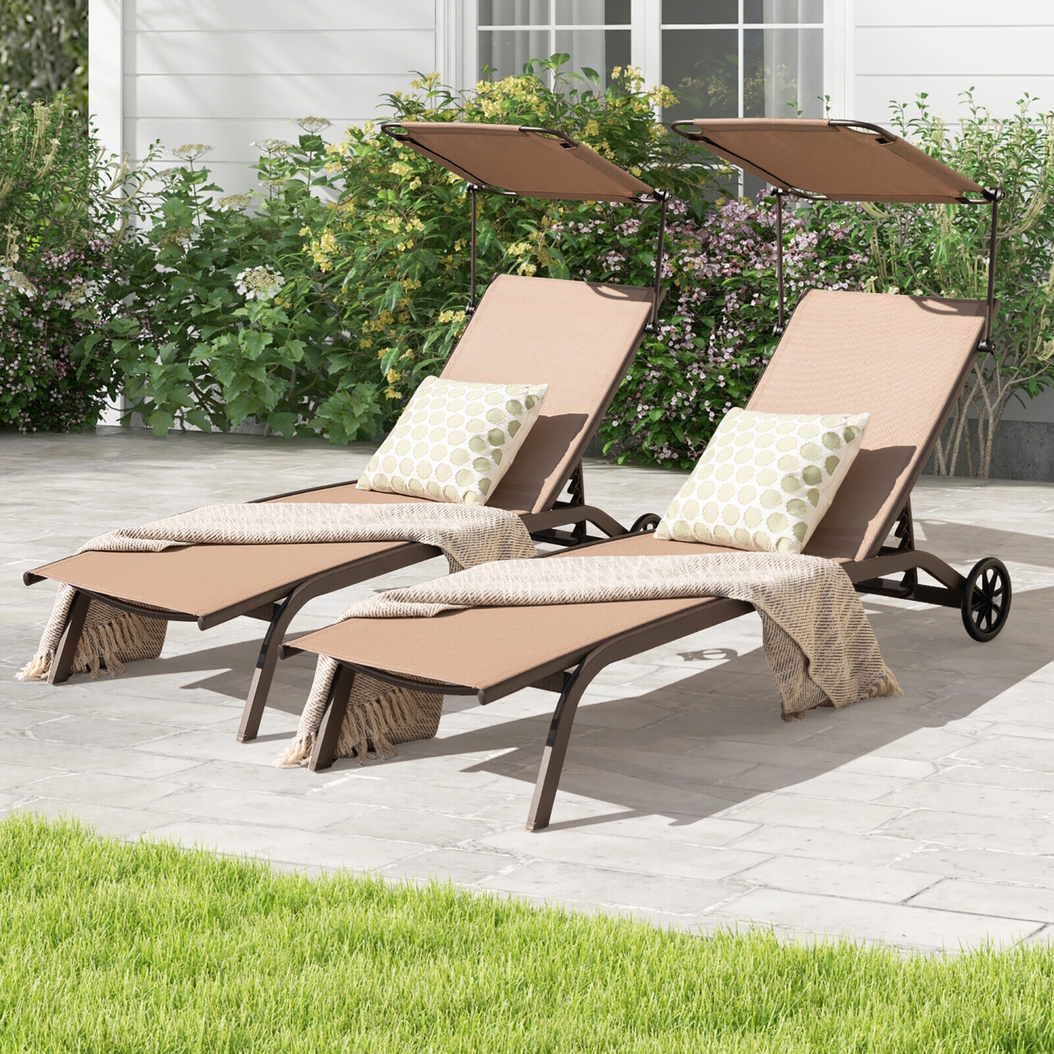 Gymax 2PCS Patio Chaise Lounge Chair Heavy-Duty Lounger Canopy Cup holder Wheeled 6-Level