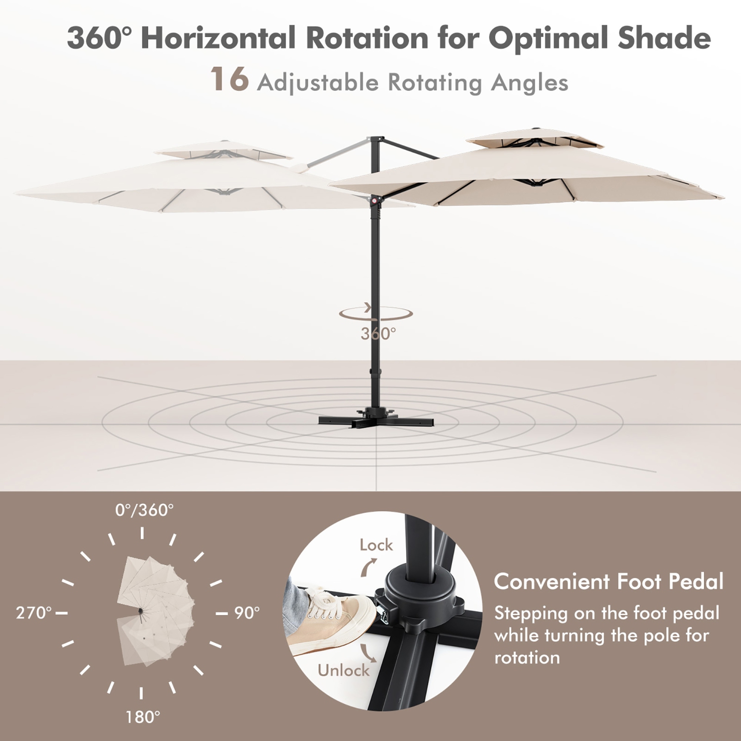 Gymax Patio 9.5FT Square Cantilever Offset Umbrella Double Vented 360° Heavy Duty