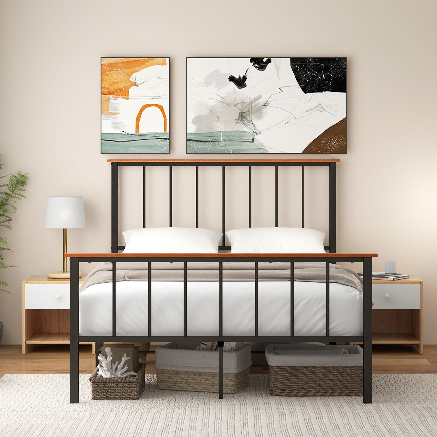 Gymax Full/Queen Size Metal Platform Bed Frame Mattress Foundation with Headboard Industrial