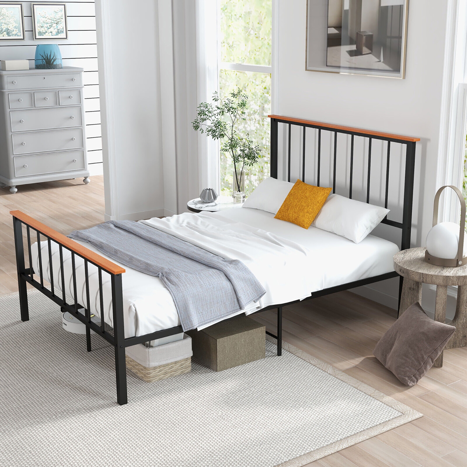 Gymax Full/Queen Size Metal Platform Bed Frame Mattress Foundation with Headboard Industrial