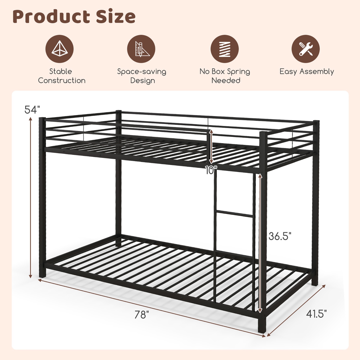 Gymax Twin Over Twin Low Metal Bunk Bed with Ladder Guardrails for Teens Adults Black