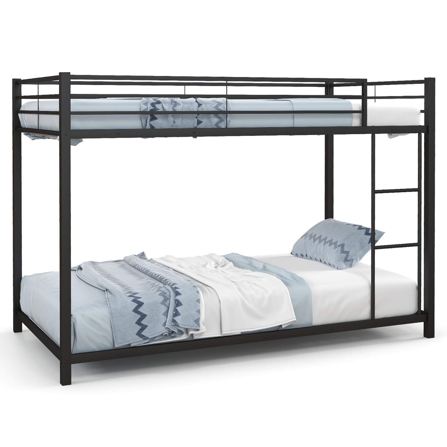 Gymax Twin Over Twin Low Metal Bunk Bed with Ladder Guardrails for Teens Adults Black