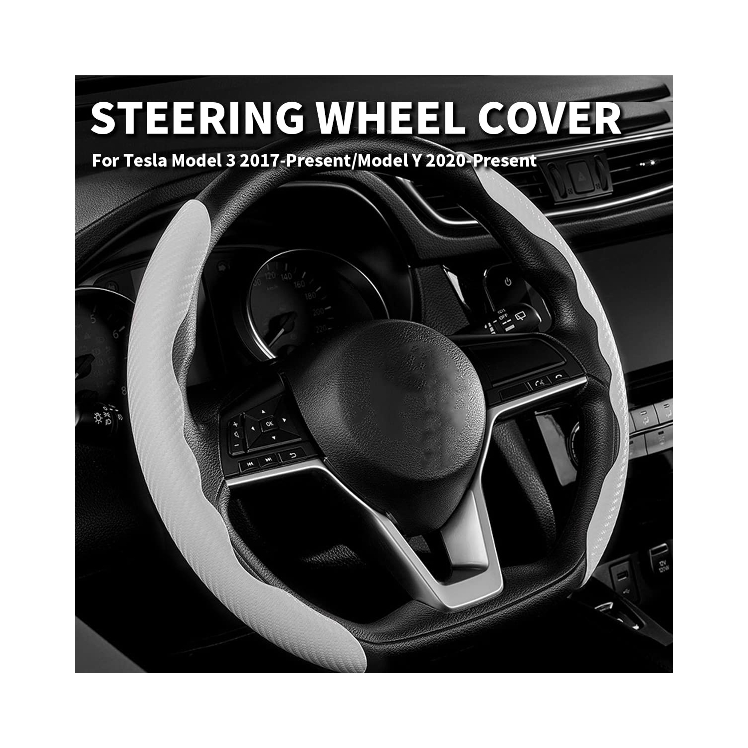 Carbon Fiber Steering Wheel Cover for Tesla Model 3 2017-2023/ Model Y 2020-2023, Car Steer Wheel Cover Protector Anti-Slip Interior Tesla Accessories