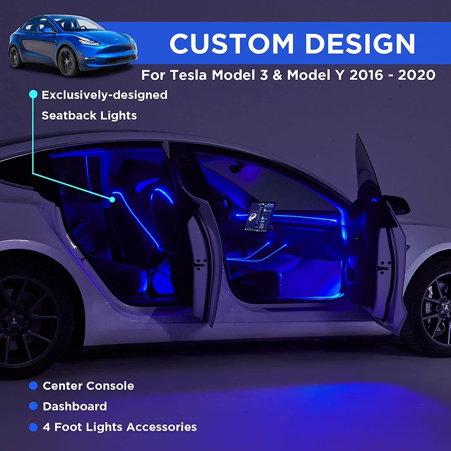 New 2016-2020 Tesla Model 3 Y Interior Car Neon Lights, Tesla Ambient Lighting, APP Control LED Strip Lights with Mul