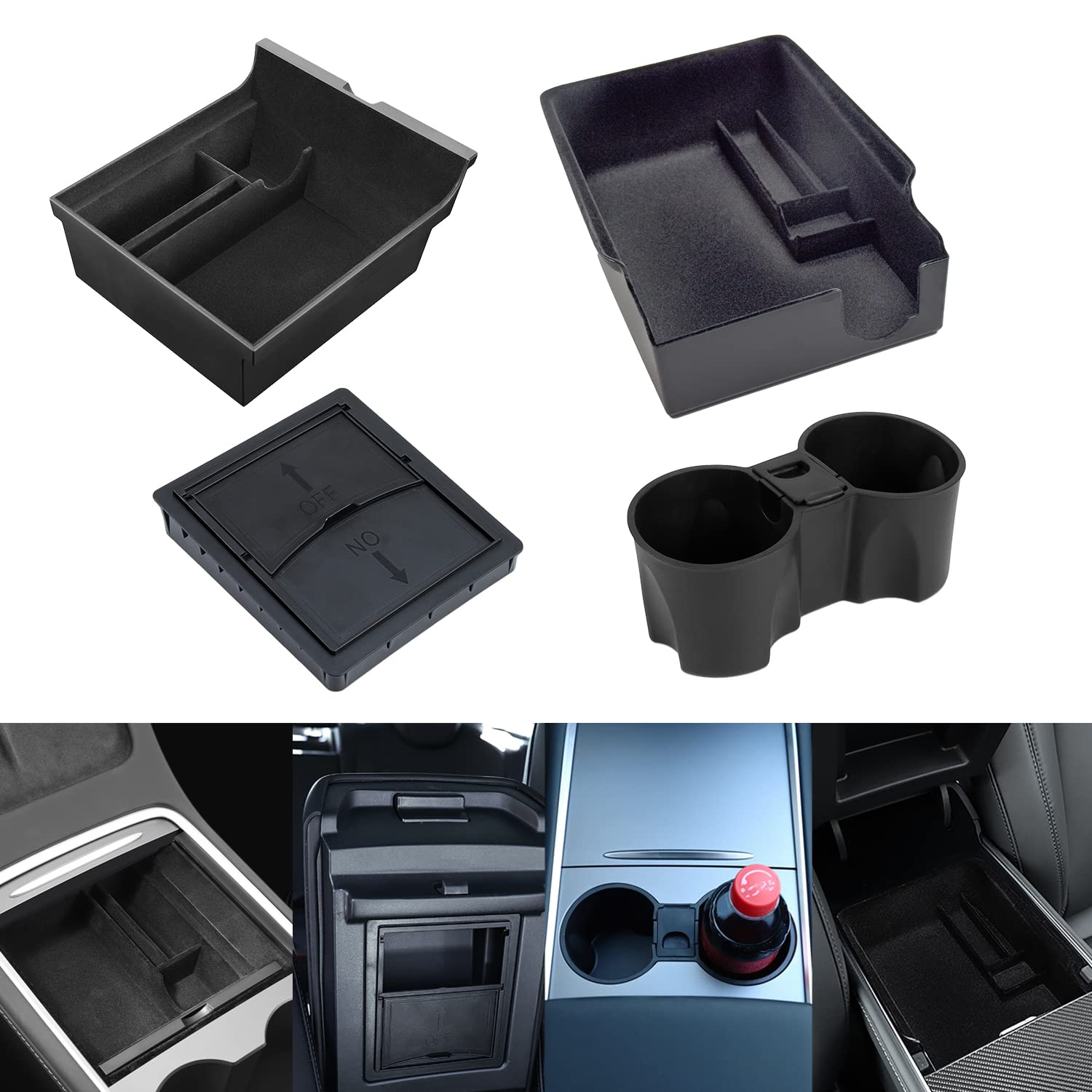 (Pack of 4) 3PCS Center Console Organizer Tray Fit for Latest 2023 2022 2021 Tesla Model 3/Y Armrest Hidden Cubby Drawer Storage Box Flocked,1PCS