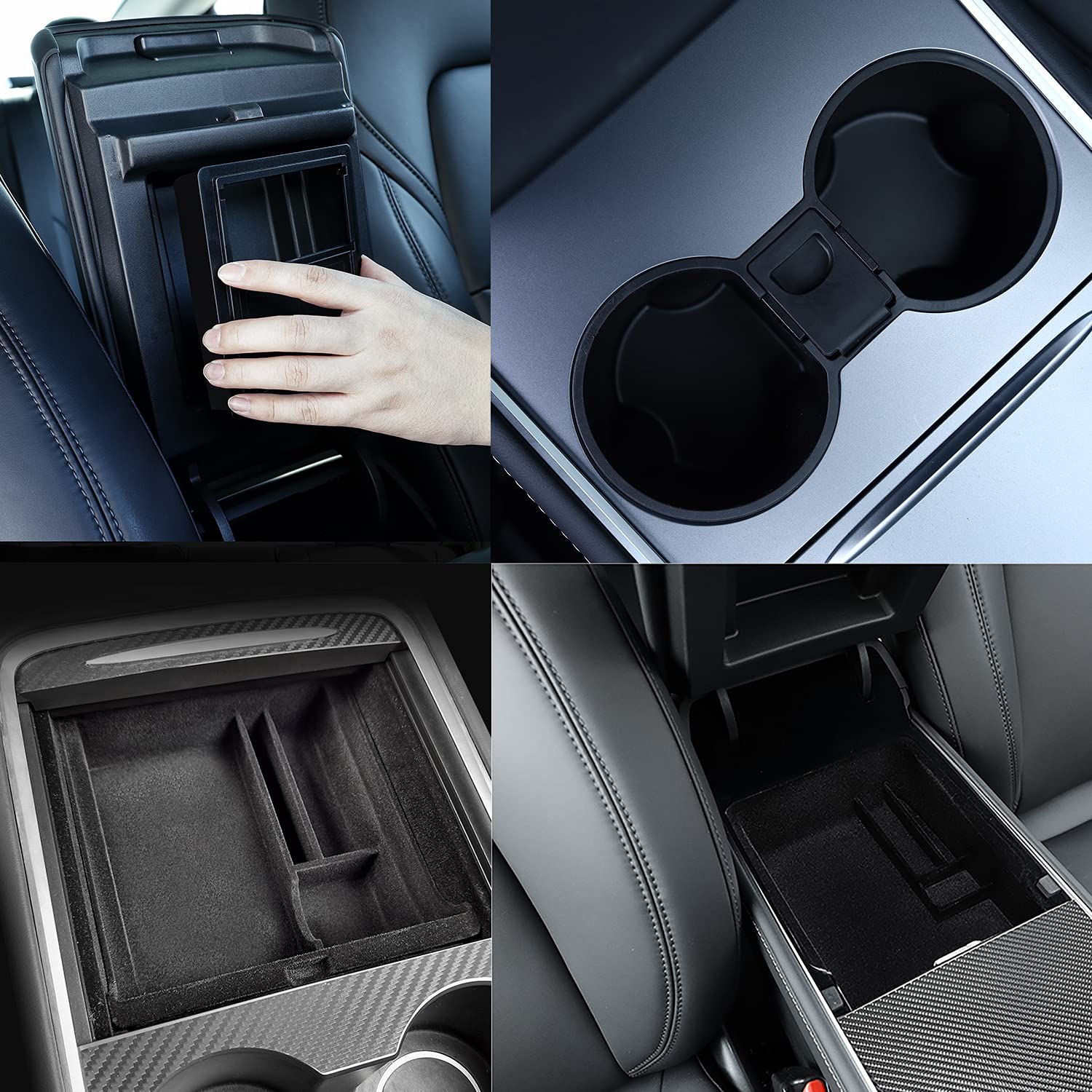 (Pack of 4) 3PCS Center Console Organizer Tray Fit for Latest 2023 2022 2021 Tesla Model 3/Y Armrest Hidden Cubby Drawer Storage Box Flocked,1PCS