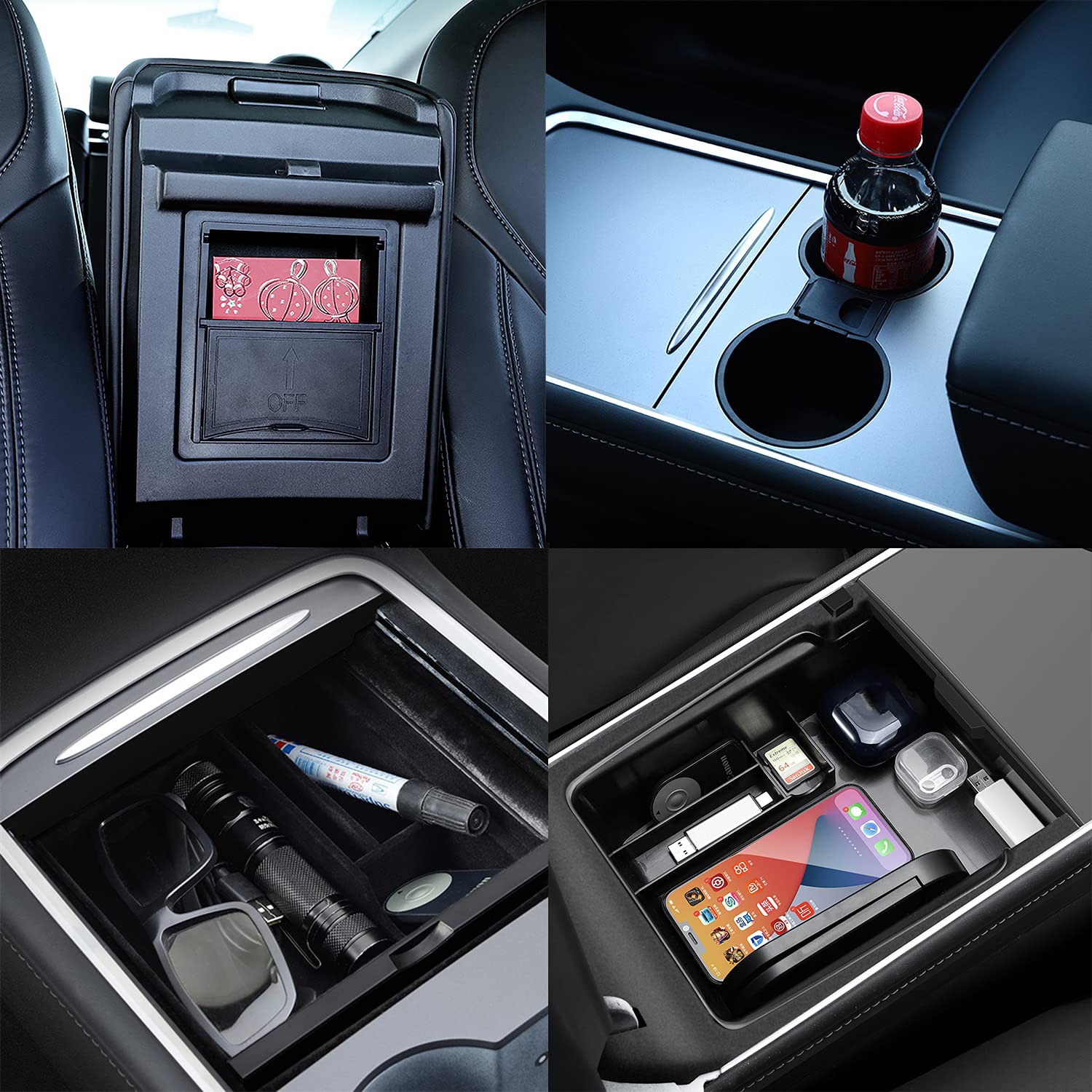 (Pack of 4) 3PCS Center Console Organizer Tray Fit for Latest 2023 2022 2021 Tesla Model 3/Y Armrest Hidden Cubby Drawer Storage Box Flocked,1PCS