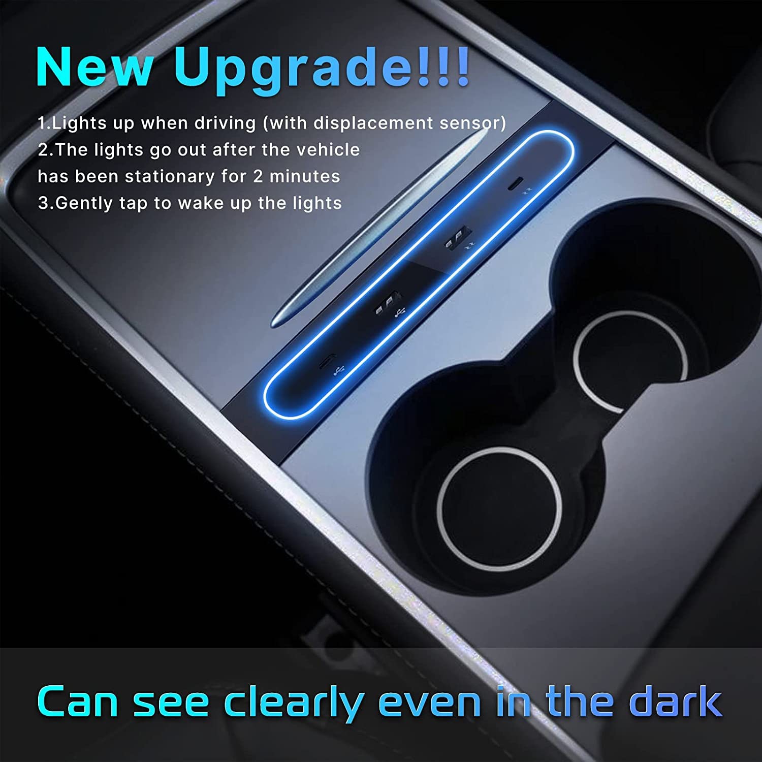 Car USB Hub Multi Port for 2021 2022 Tesla Model 3/Y | Tesla USB Charger with Blue Led Light | Tesla Model 3/Y Accessories 100% Fit Center Console