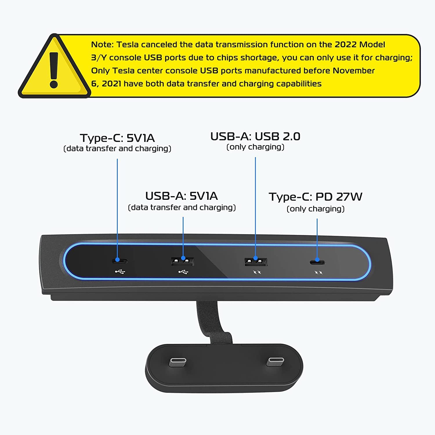 Car USB Hub Multi Port for 2021 2022 Tesla Model 3/Y | Tesla USB Charger with Blue Led Light | Tesla Model 3/Y Accessories 100% Fit Center Console