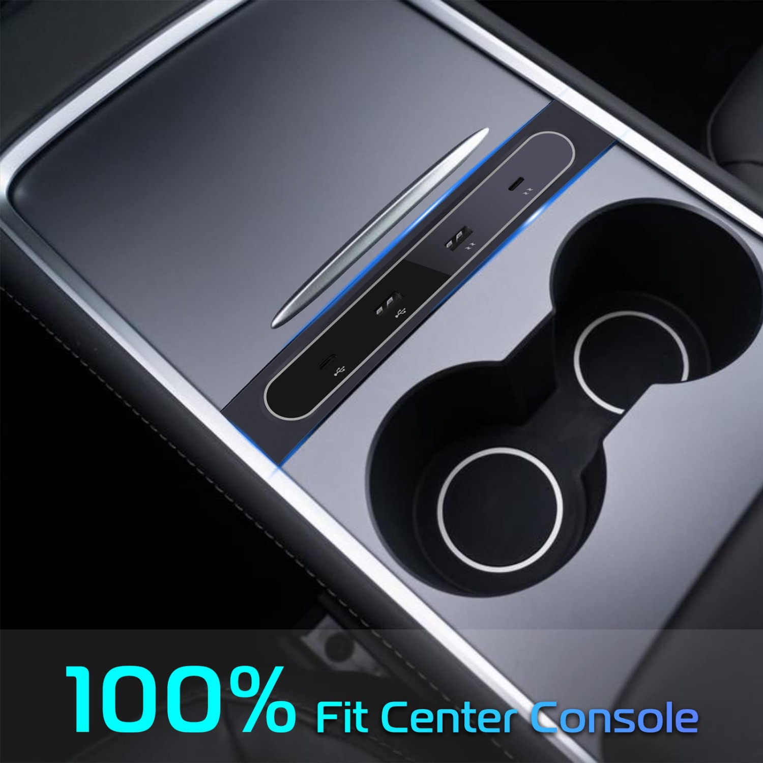 Car USB Hub Multi Port for 2021 2022 Tesla Model 3/Y | Tesla USB Charger with Blue Led Light | Tesla Model 3/Y Accessories 100% Fit Center Console