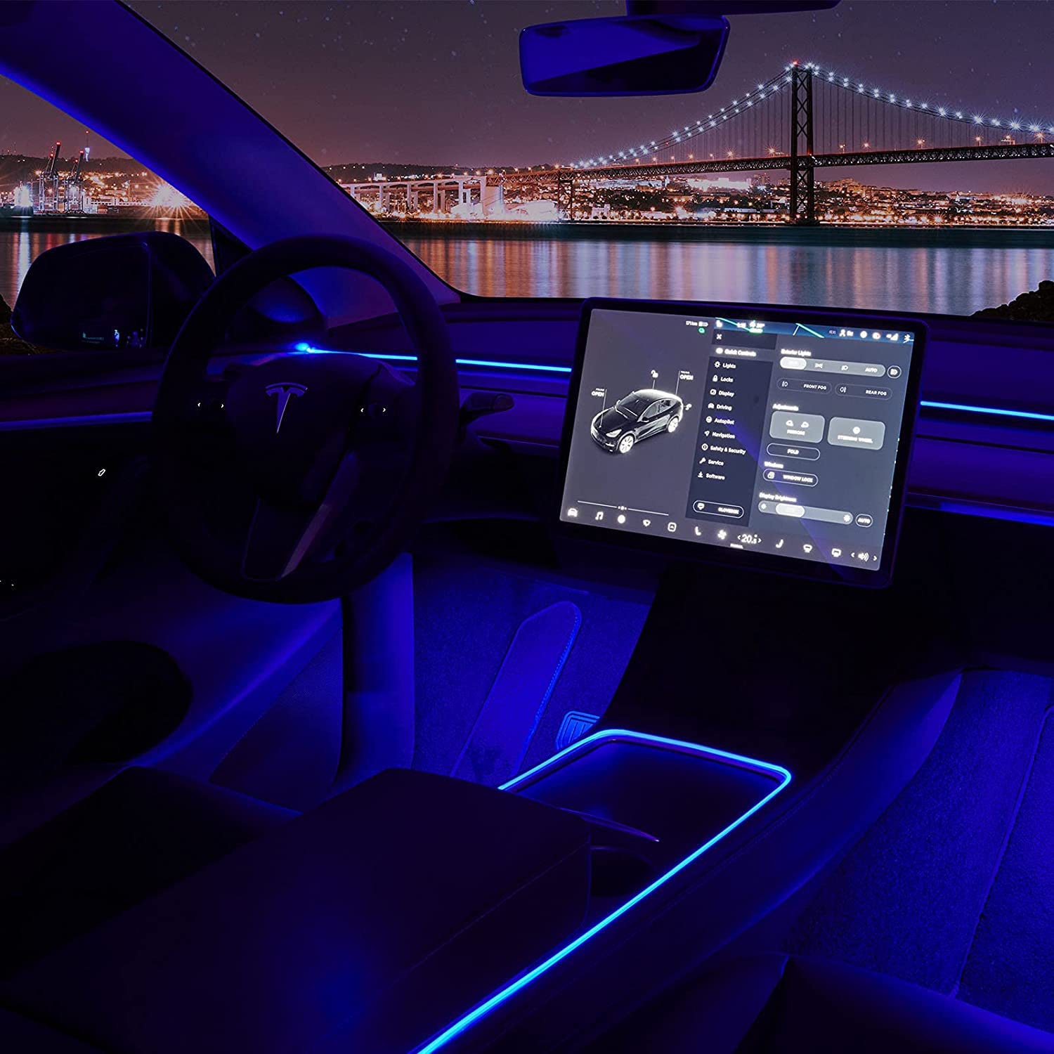 2021 2022 Tesla Model 3 Y Interior Car Neon Lights(Center Console+Dashboard+2 Foot Lights) with Matching Armrest Organizer, Tesla Ambient Lighting,